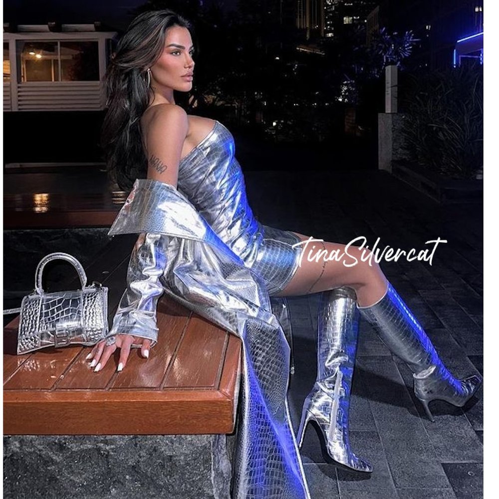BLOGGER'S FAVE! Zara Embossed Square Toe High Heel Knee High Boots Silver NWT - Picture 4 of 17